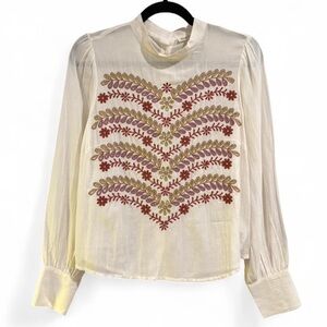 Meadow Rue by Anthropologie Cream Blouse Button Back and Cutout Embroidery